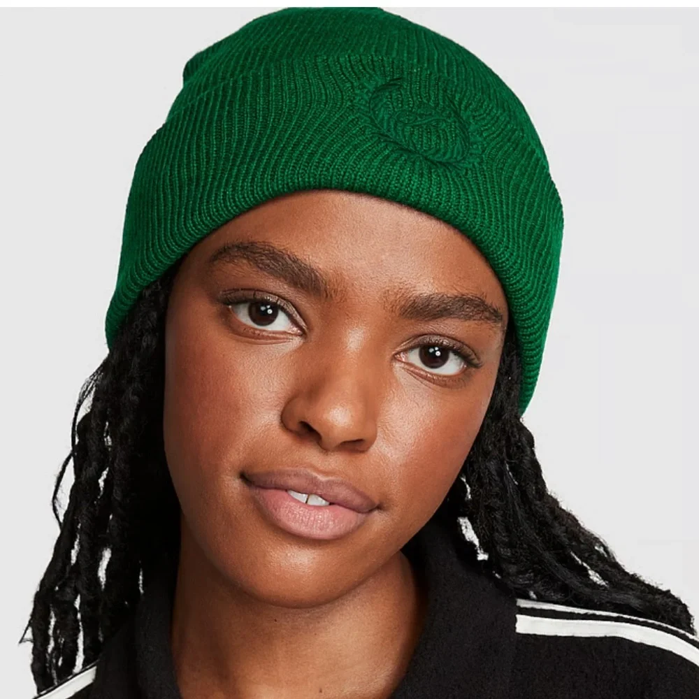 PINK VS Rib Knit Beanie In Garnet Green - Picture 1 of 10